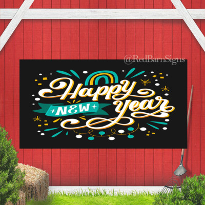 Happy New Year Black Background Indoor Outdoor Banner