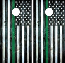 American Flag Thin Green Line Distressed Wood Cornhole Board Decals Wraps