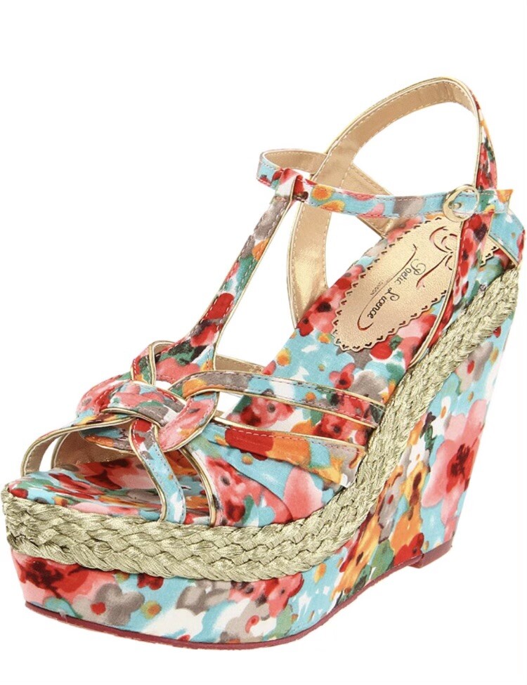 Poetic Licence Arm Candy pink floral gold Platform Wedge Sandals