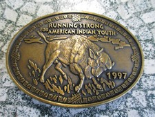VTG Brass Belt Buckle Buffalo Running Strong American Indian Youth 1997