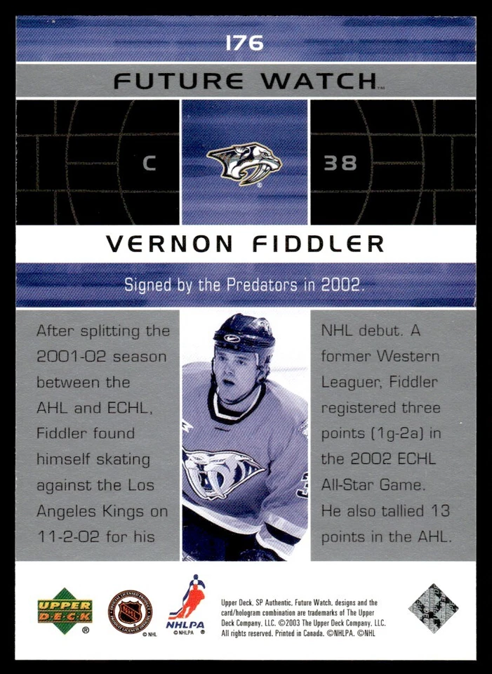 2002-03 SP AUTHENTIC FUTURE WATCH Vernon Fiddler Rookie Nashville Predators #176 - Image 2 of 2