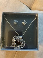 Classic Casanova Black & Silver Heart Necklace & Earrings Set New