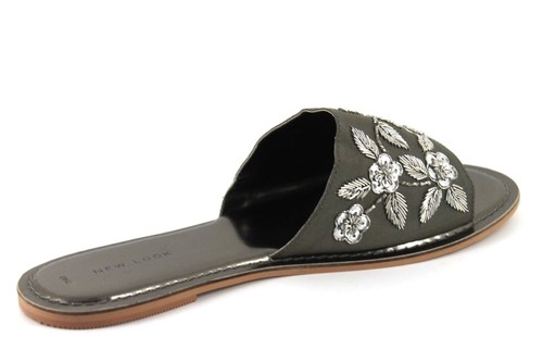 New Look Ladies UK 7 EU40 Pewter Metal Floral Embellishment Slip On Mule Sandals - Picture 4 of 7