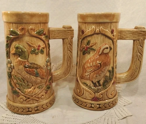 Pair Steins Vtg Ceramic Mugs Birds Mallard Quail  Hunter Collection 