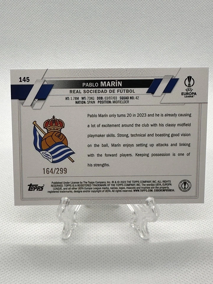 Pablo Marin 2022-23 Topps UEFA Club Competitions #145 Yellow /299 Rookie RC  - Image 2 of 2