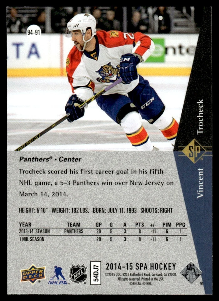 2014-15 SP Authentic 94-95 Retro Vincent Trocheck Florida Panthers #94-91 - Image 2 of 2