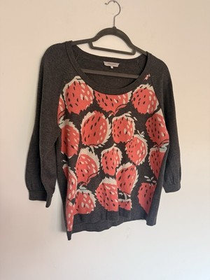 Toller unifarbener grauer Erdbeer Strickpullover Gr. L - ausgefallenes Neuheit Fruchtmuster
