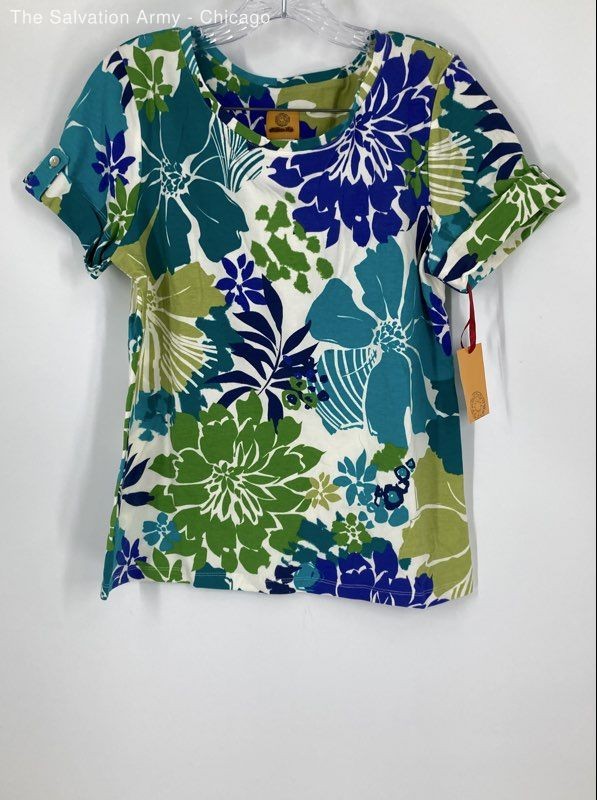 Ruby Rd. Womens Peacock Floral Cotton Blend Short Sleeve Blouse Size Medium