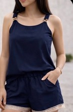 Navy Blue Two Piece Cami Shorts Set Gold Strap Detail Lace Trim Shorts