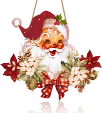 Vintage Style Santa Claus Welcome Sign - Wooden Hanging Sign for Front Door Xmas