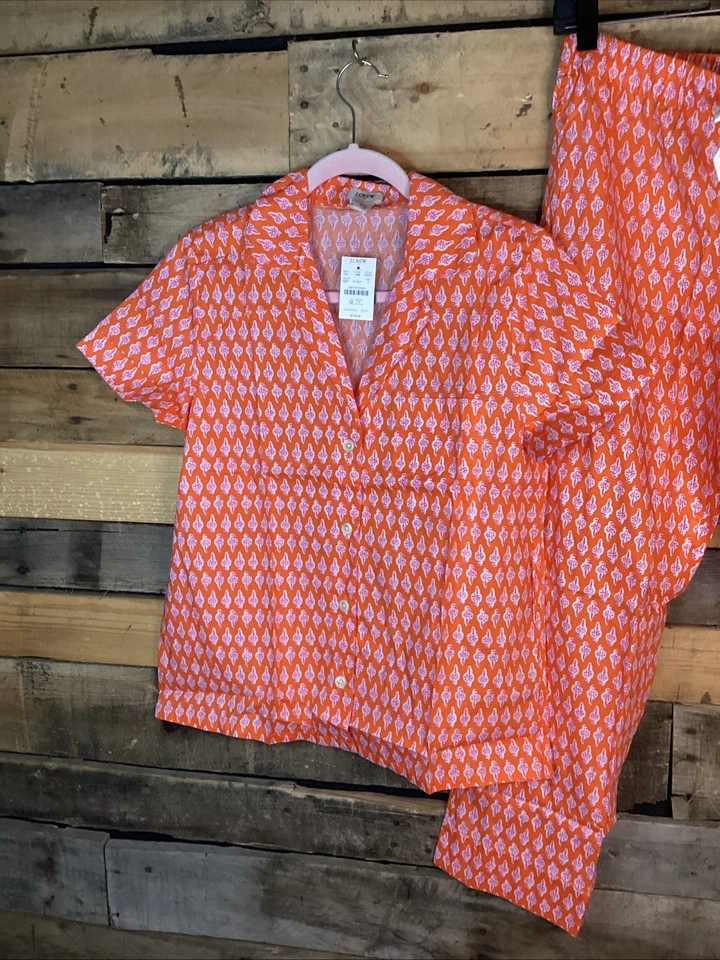 Nuevo J Crew Mujeres Audaz Naranja Rosa Recortado PJ Set S Cintura Elástica Algodón Floral Foto 3 de 4