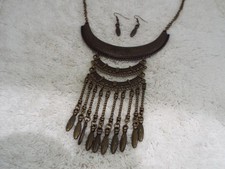 Brasstone Fringe Scoop Egyptian Revival Necklace + Pierced Earrings