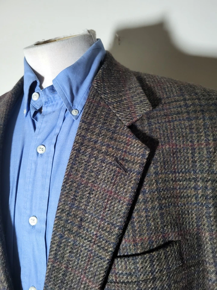 Chaqueta Blazer Abrigo Deportivo Vintage 42L Verde Azul Marrón Rosa Cuadros Lana Tweed Foto 4 de 4
