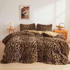 Cheetah Print Fluffy Faux Fur Duvet Cover Set, 3 Pieces Soft Plush Shaggy Fuz...