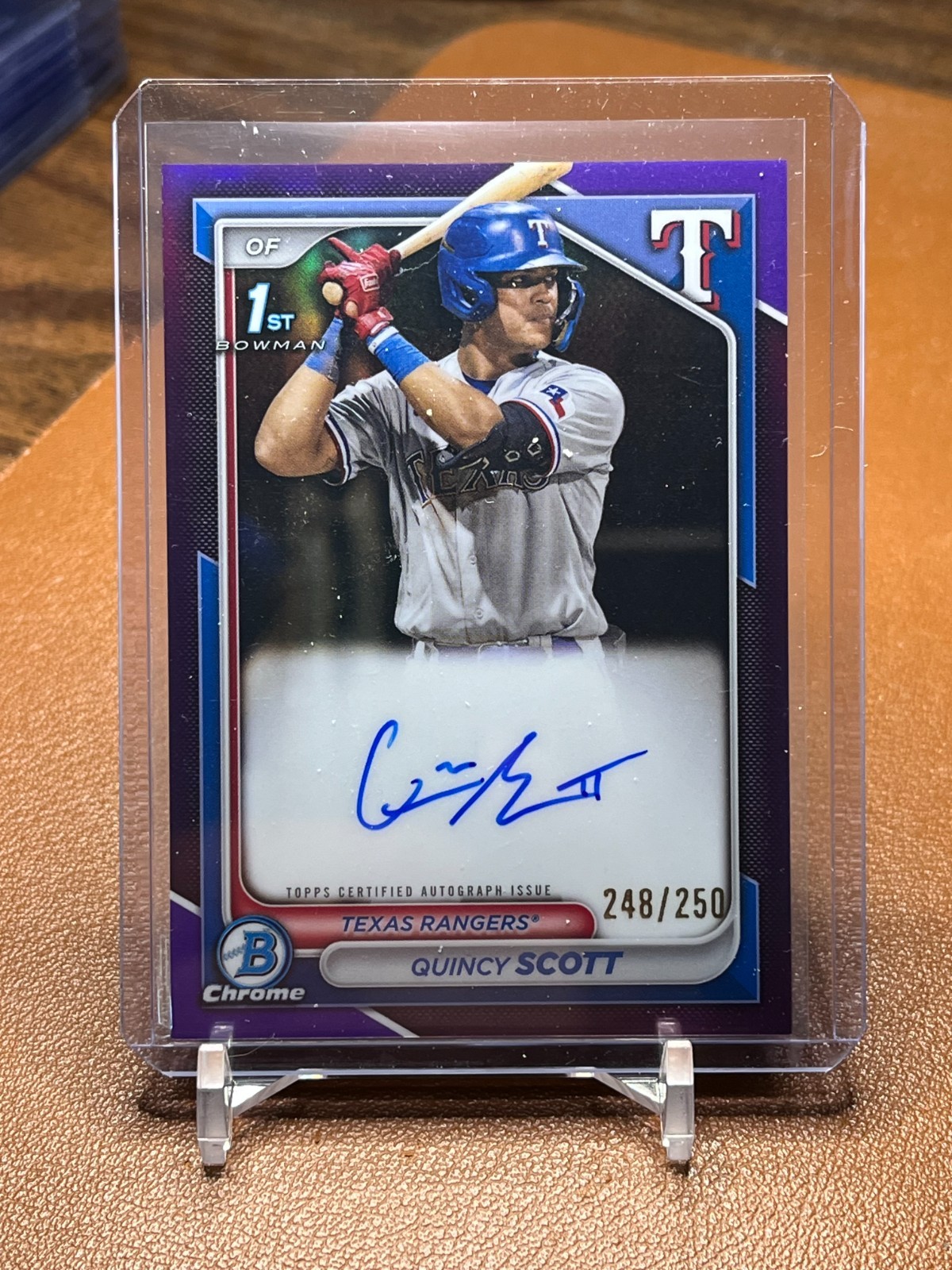 Quincy Scott 2024 Bowman Chrome #CPAQS purple 1st RC auto 248/250 Rangers