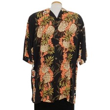 HILO HATTIE Black Floral Lei Pineapple Welcome Rayon Vintage Button Shirt L