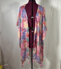 America  Beyond Multicolored Open Front Kimono Kaftan Beach Cover Up One Size