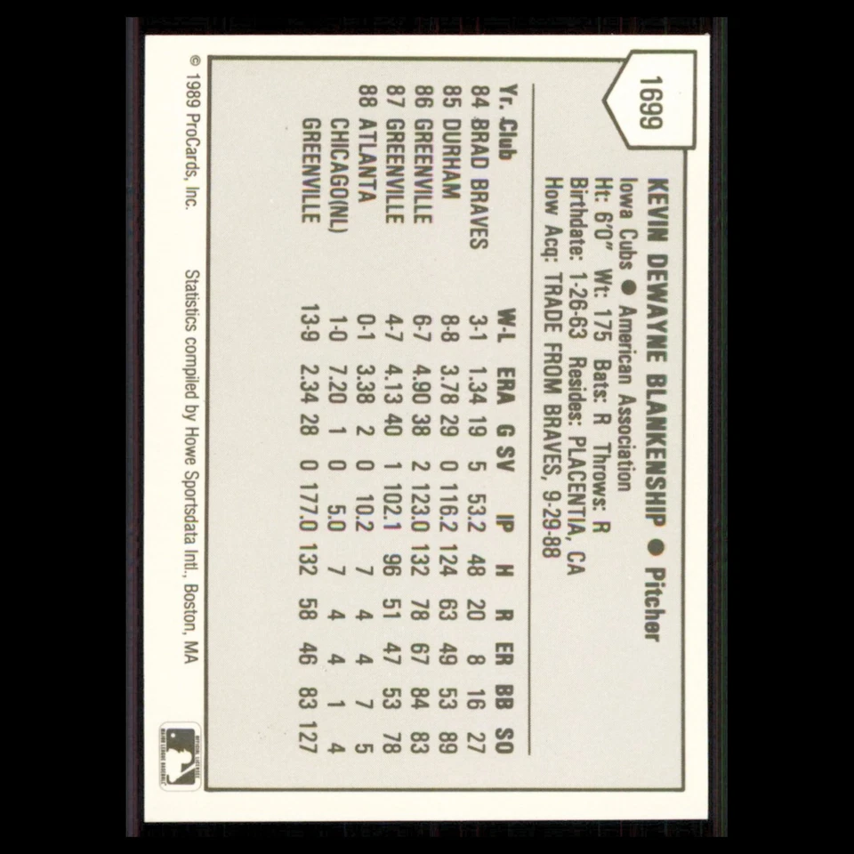 Kevin Blankenship #1699 1989 ProCards Minor League Team Sets Iowa Cubs Baseball - Image 2 of 3
