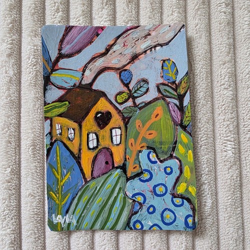 ORIGINAL ACEO Folk Art Painting House Home  Landscape Leaf Chimney