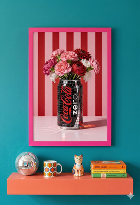 Coca-Cola Zero Disco Fliesendruck - Schwarz Rot Pop Art Blumen Dose - A3 A4 Wandbild