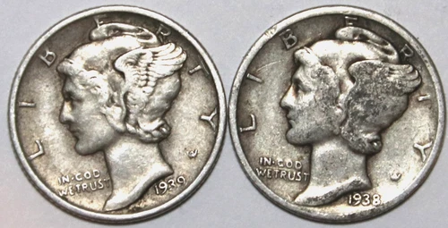 (2) Mercury Dimes -Extra Fine - 1938D 1939D - #0739ED FREE SHIPPING