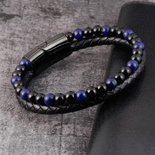 Herren Armband Leder Lavastein Tigerauge Naturstein Edelstahl Magnet Unisex