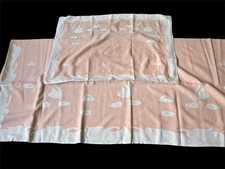 ANTIQUE  LINENS - FINE HANDMADE APPLIQUE LINEN SHEET W/SWANS,PILLOWCASE