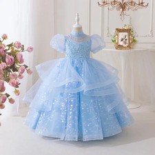 Girls Princess Dress Summer Semi-High Neck Sequins Piano Performance Kids Gown