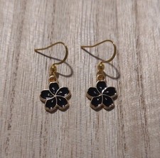 Brand New Black Flowers Golden Dangle Hook Earrings