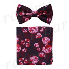 Men's microfiber Pre-tied Bow Tie  hankie set red pink black floral formal prom
