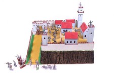 XXL Holz-Ritterburg mit 30 Ritter Falltor Reiter Pferde Spielfiguren 60x50cm