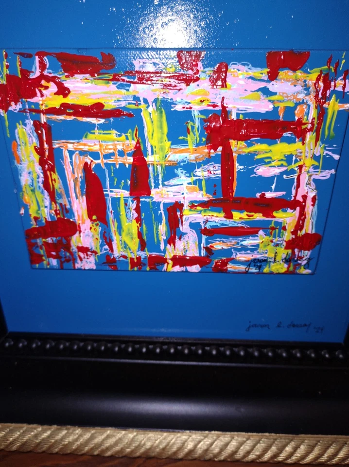 Pintura acrílica abstracta de arte moderno firmada enmarcada grande con certificado de autenticidad multicolor Foto 4 de 4