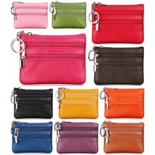 Women's Coin Purse 3 Zipper Pockets Leather Key Ring Mini Pouch Wallet