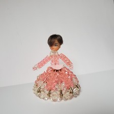 Vintage Safety Pin Bead Doll Lady Kitsch Brown Hair Pink Grannycore Cottagecore