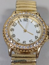 White Dial Round Gold Tone Crystal Accent Case Stainless St Stretch Band Watch