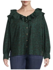 New Terra & Sky Women's Long Sleeve Woven Ruffle Top Green Multi Size 0X (14W)