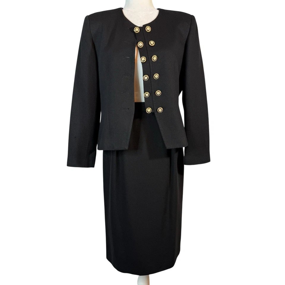 De colección Oleg Cassini Negro Blazer Chaqueta Falda Conjunto 8 Traje de Oficina Botón Dorado Foto 4 de 4