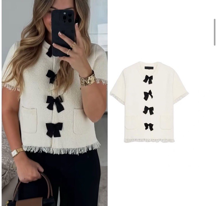 ZARA SET OF BOWS KNIT CARDIGAN AND FRAYED MINI SKIRT ECRU 9598/038