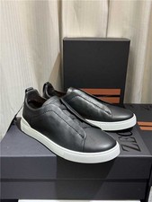 Men Zegna Triple Stitch Black Leather Slip On Sneakers White Sole