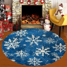 1pc Christmas Blue White Snowflake Round Mat - Machine Washable Polyester Mat