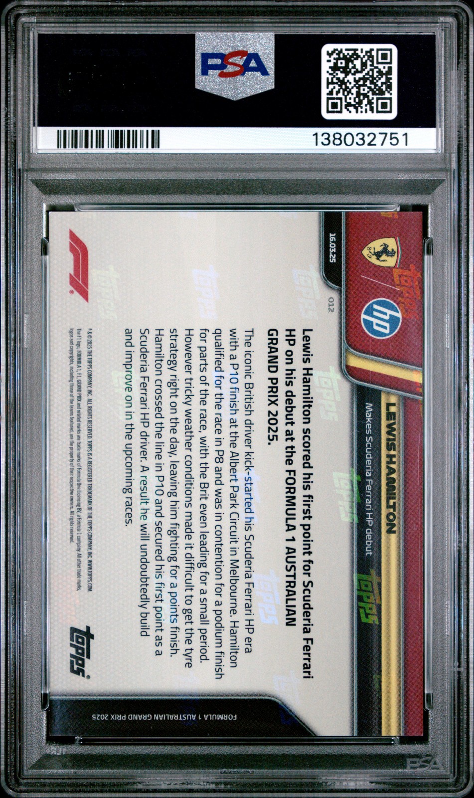 2025 TOPPS NOW FORMULA 1 #12 LEWIS HAMILTON PSA 9 view 2