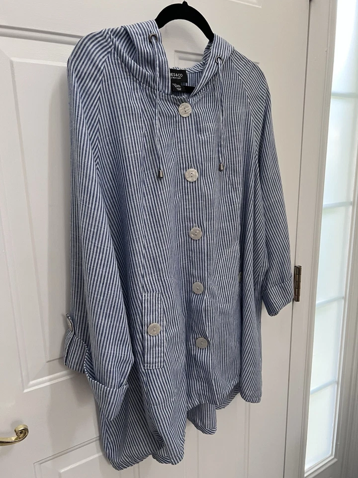 Jones New York Women's Blue White Striped Linen/Cotton Soft Hooded Jacket Sz 2X - Image 3 of 4