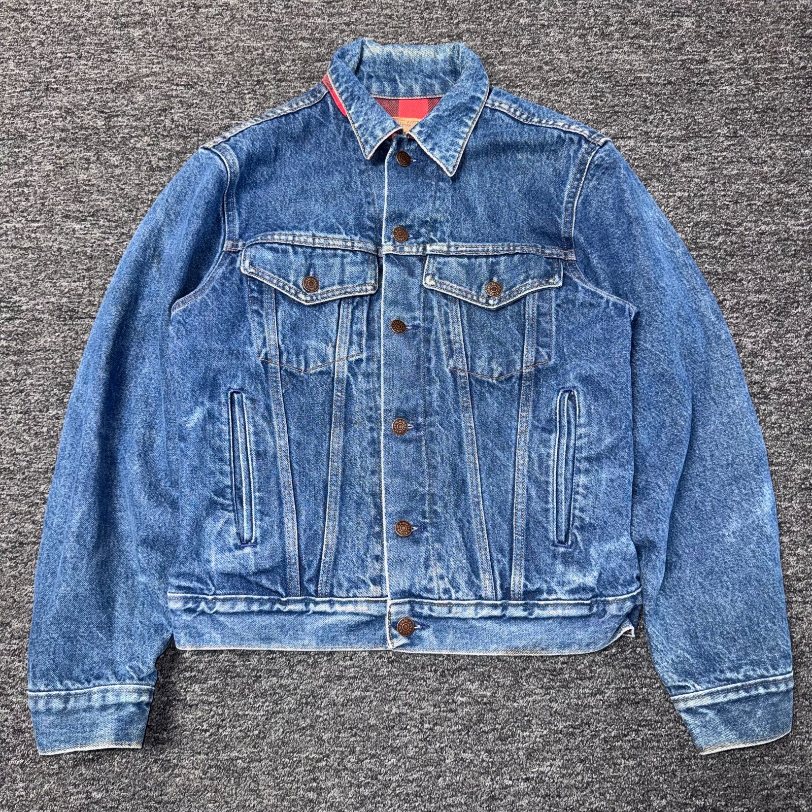 Vintage Plain Pockets Trucker Flannel Lined Denim Jacket - Mens Sz S Blue