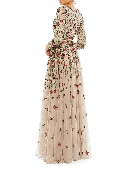 Vestido Mac Duggal Antiguo Rosa Floral Embellecido Manga Larga Línea A Talla 8 $798 Foto 2 de 3