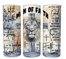 Man of Faith Bible Verse Christian Lion 20oz Tumbler Insulated Travel Gift Him