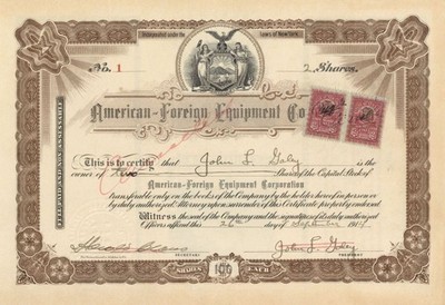 American-Foreign Equipment Corp. - Certificate number 1 - 1914 dated Stock Cer