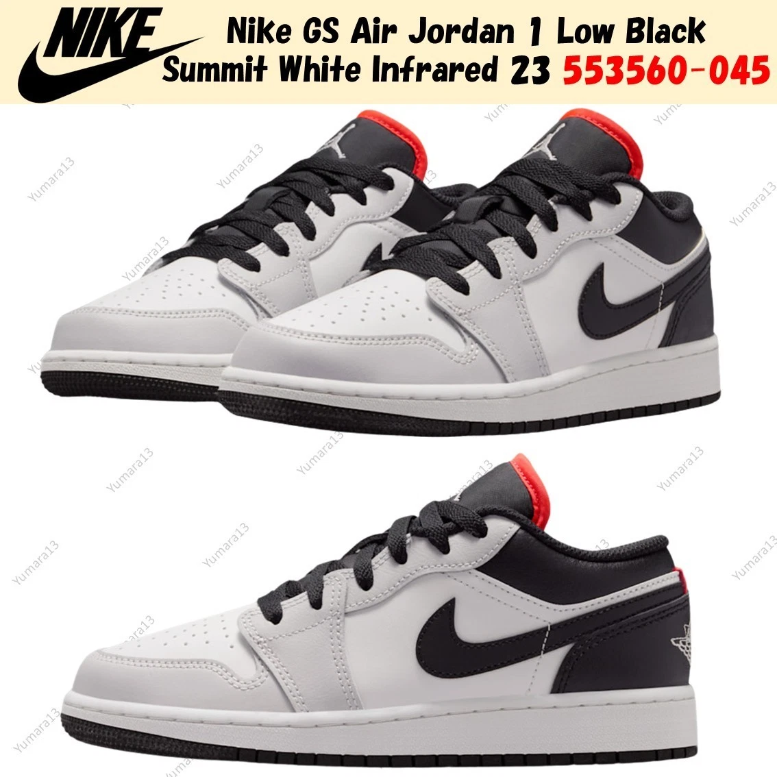 Nike GS Air Jordan 1 Low Black Summit White Infrared 23 553560-045 Size 3.5Y-7Y