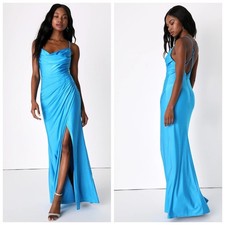 Lulus Turquoise Blue Cowl Neck Ruched Strappy Back Maxi Dress XL Slit Prom Gown