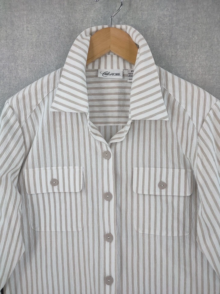Top Cali and York PL Beige Blanco Rayas 3/4 Botones Lagenlook Costero Atemporal Foto 3 de 4