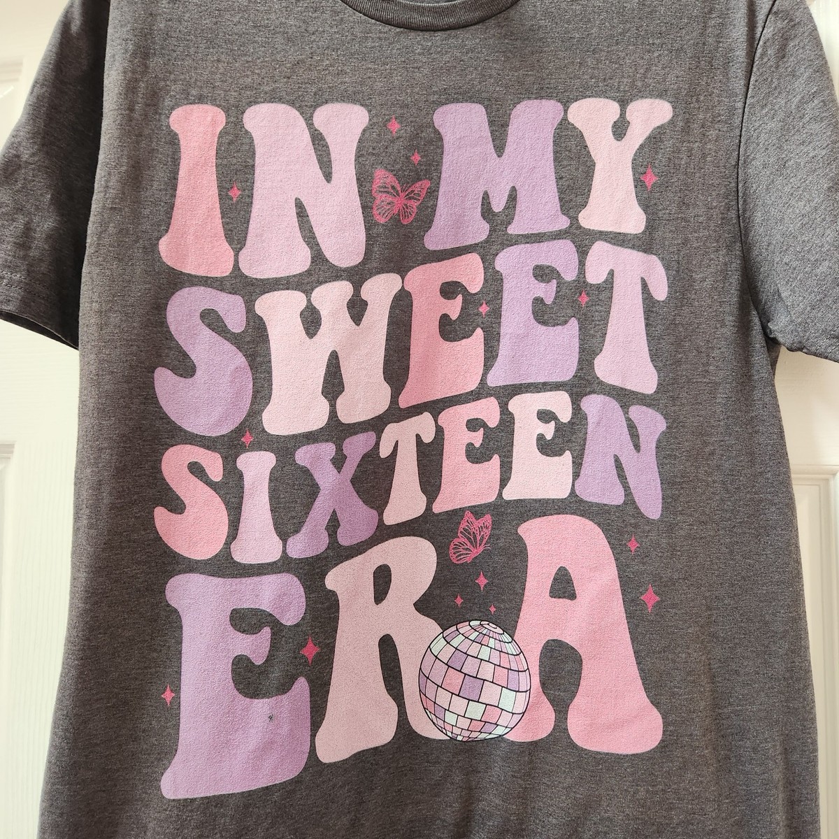 In My Sweet Sixteen Era Tee Shirt Gray Pink Purple Butterfly Disco Ball Sz Med View 3